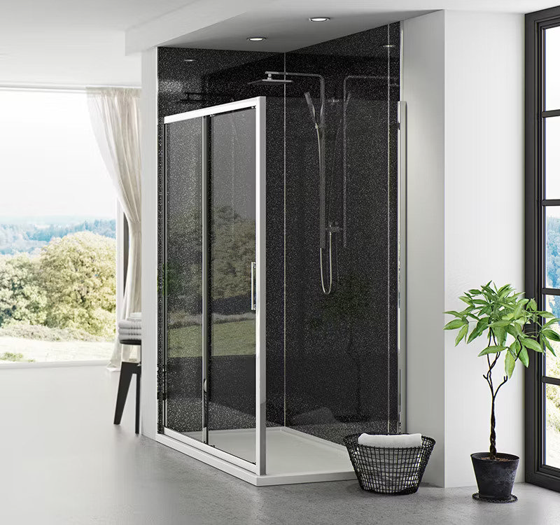 high rise bathroom black shower panels