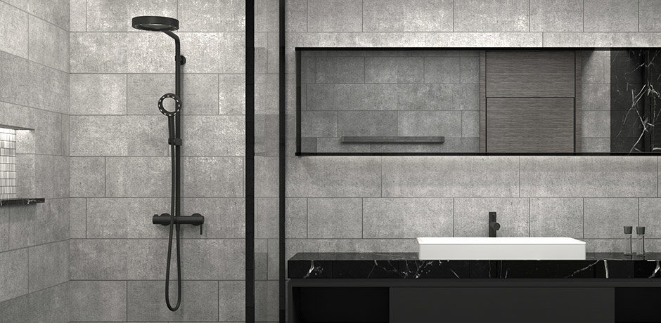 grey stone and black minimalist bathroom