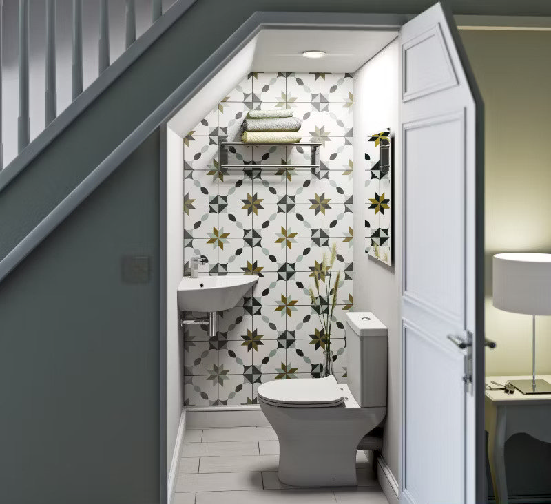 cloakroom with patterned tiles