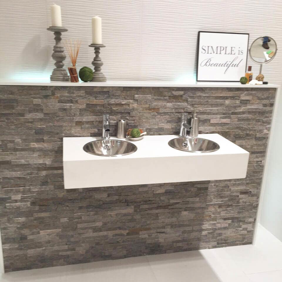 grey stone wall cladding panels and wall hung double bowl sinks