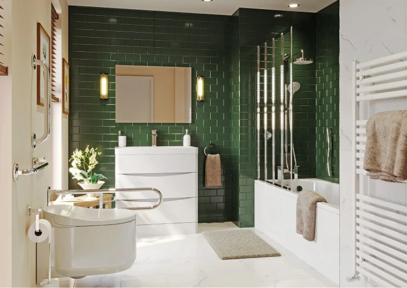 accessible bathroom with green tile