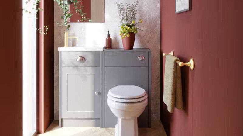 small burgundy bathroom