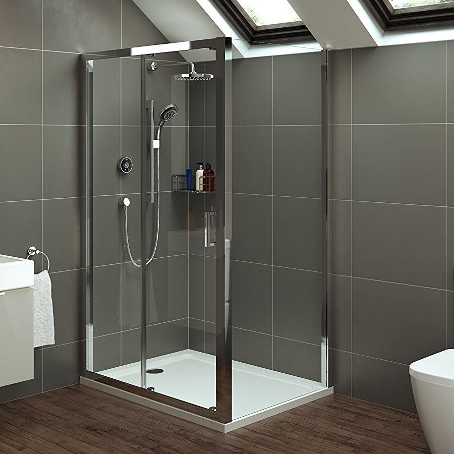 rectangular shower enclosure in grey bathroom