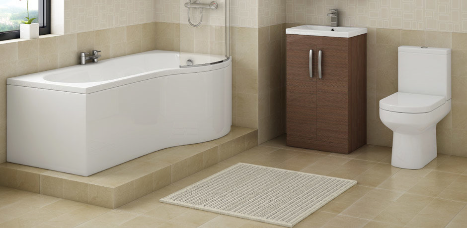 beige bathroom with p shaped bath