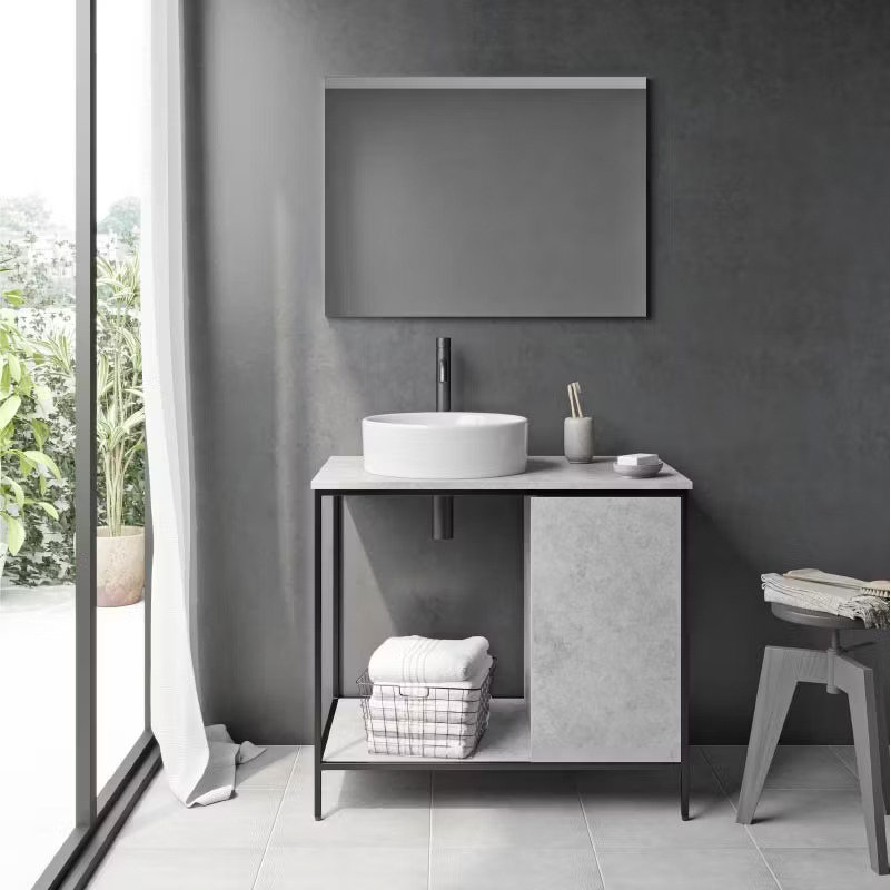 minimalist grey bathroom with white robe