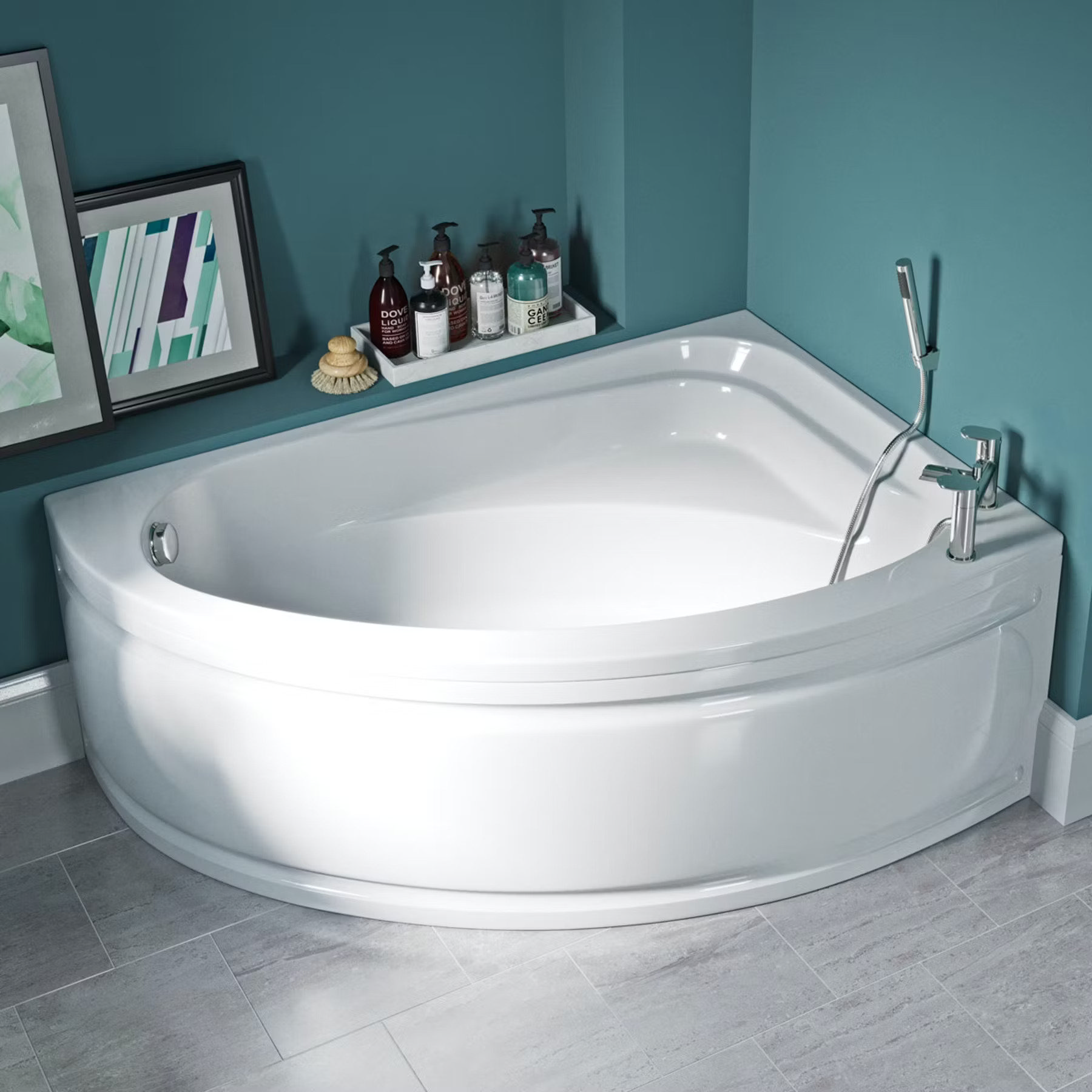 white corner bath in blue bathroom