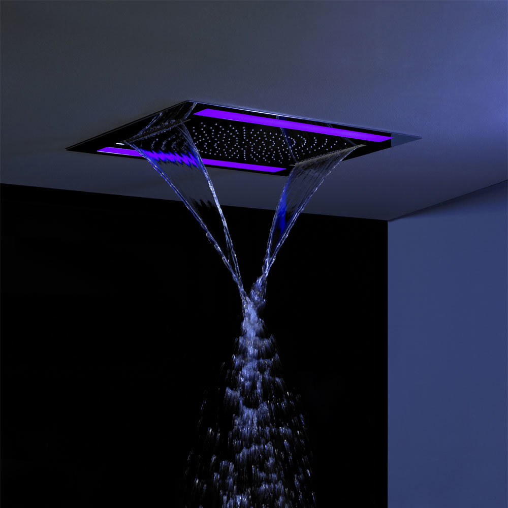 Crosswater Rio Revive Showerhead with Lights and Double Waterfall - FHX610C - Close up image of rainfall shower head with lights in a wet room