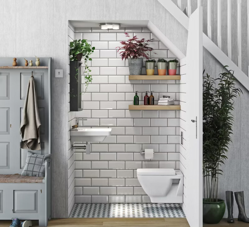 understairs bathroom with metro tile