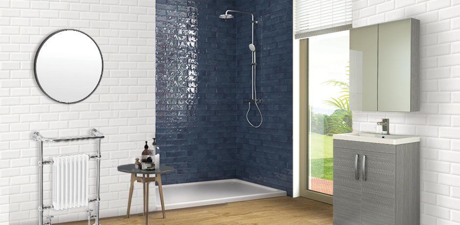 gloss navy and white tiles in bathroom