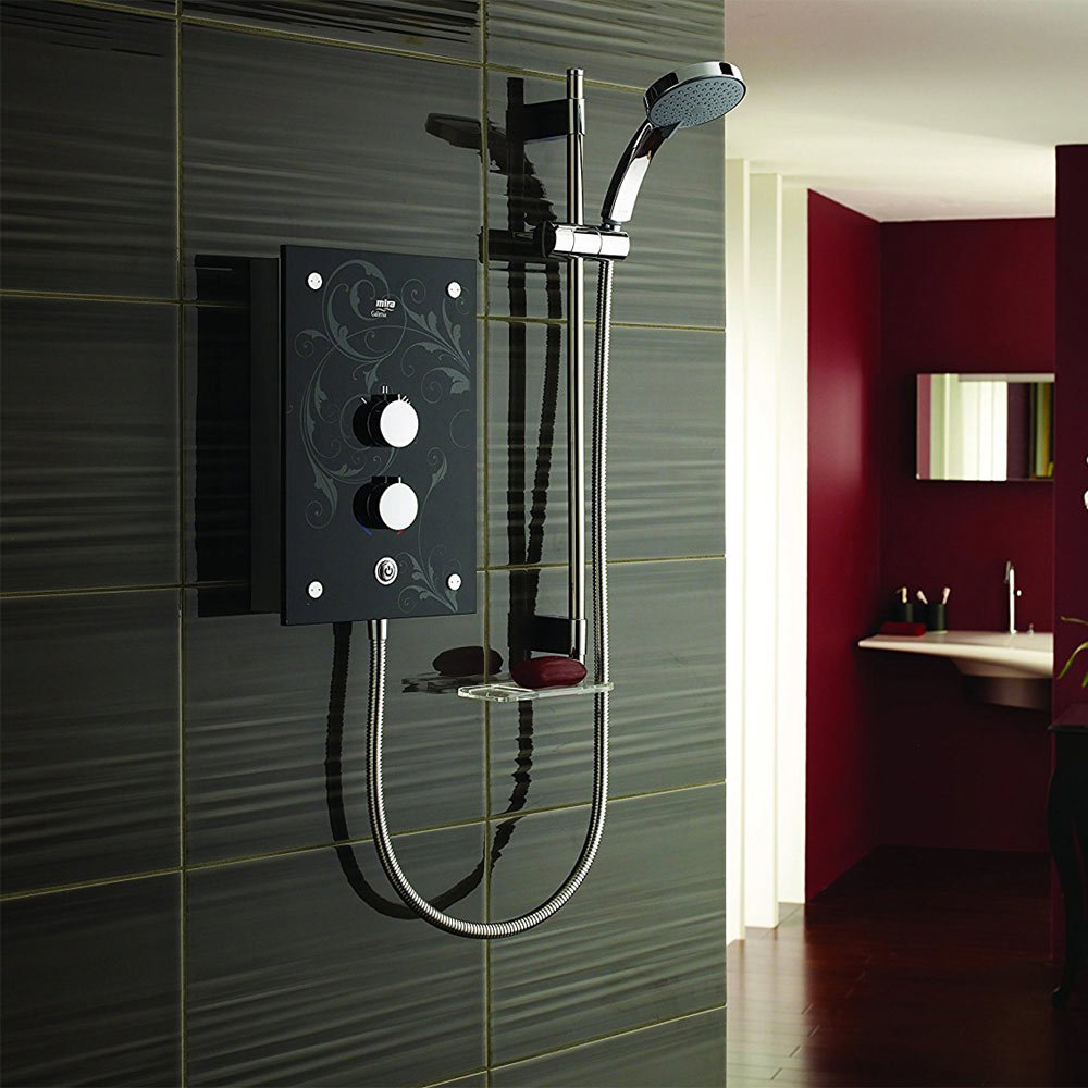 black and red bathroom, black electric shower