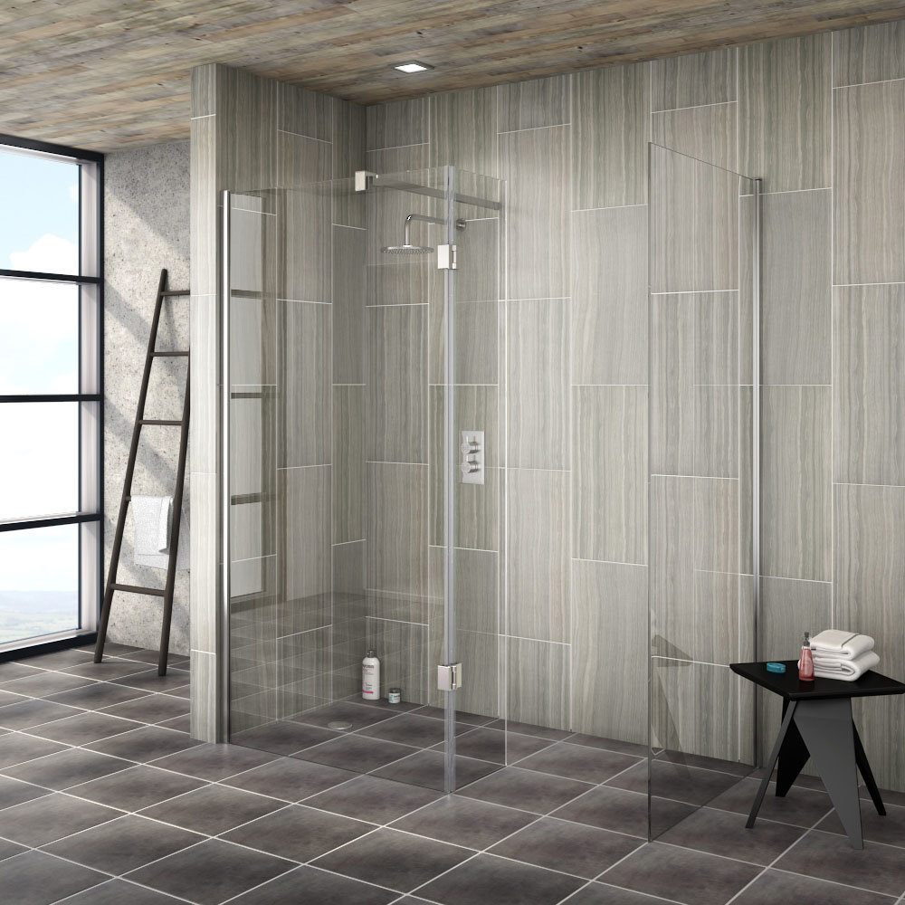 Saturn 8mm (1400 x 900mm) Walk In Shower Enclosure - WIE149 - Image of a wet room walk in shower with stylish grey tiles