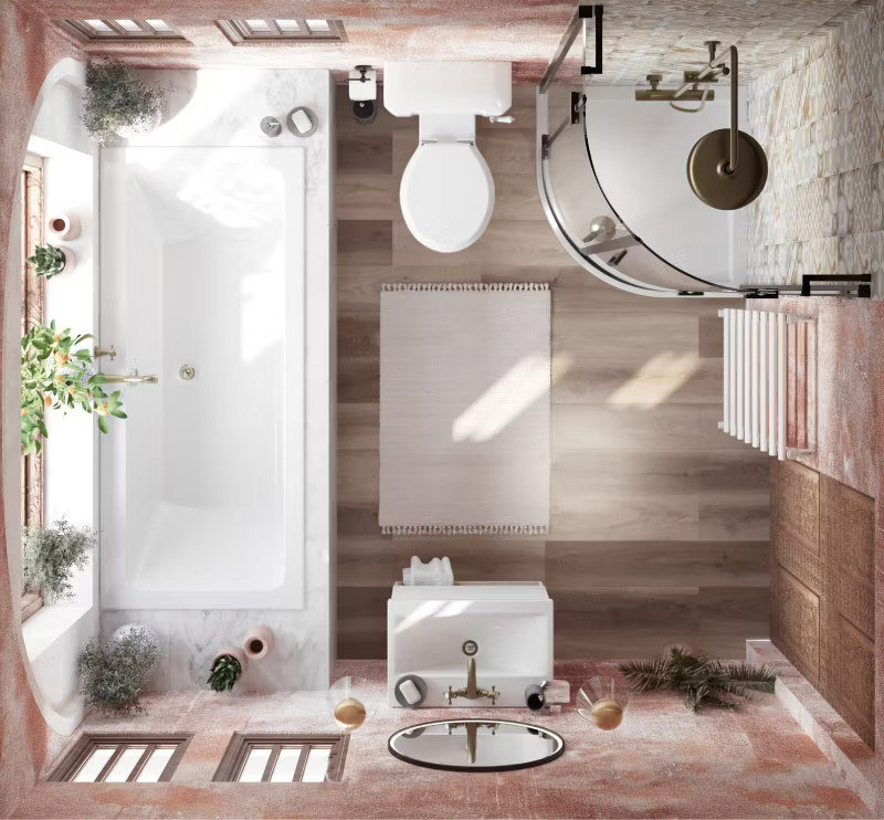 pink mediterranean bathroom birdseye view