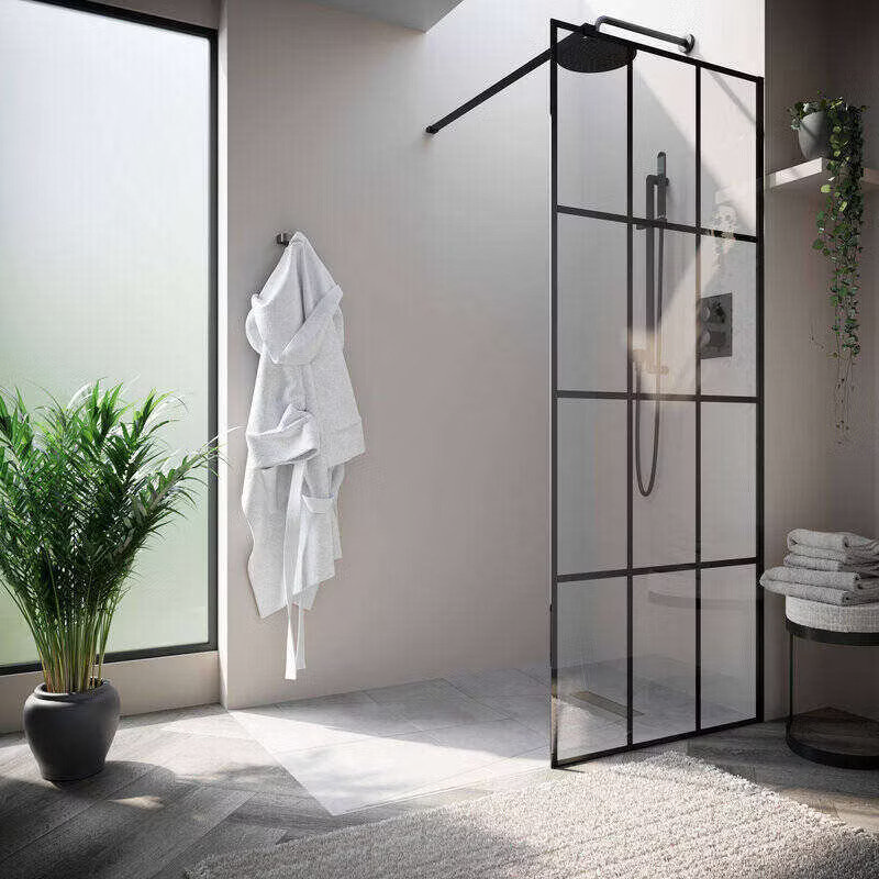 Modern bathroom with black grid shower screen