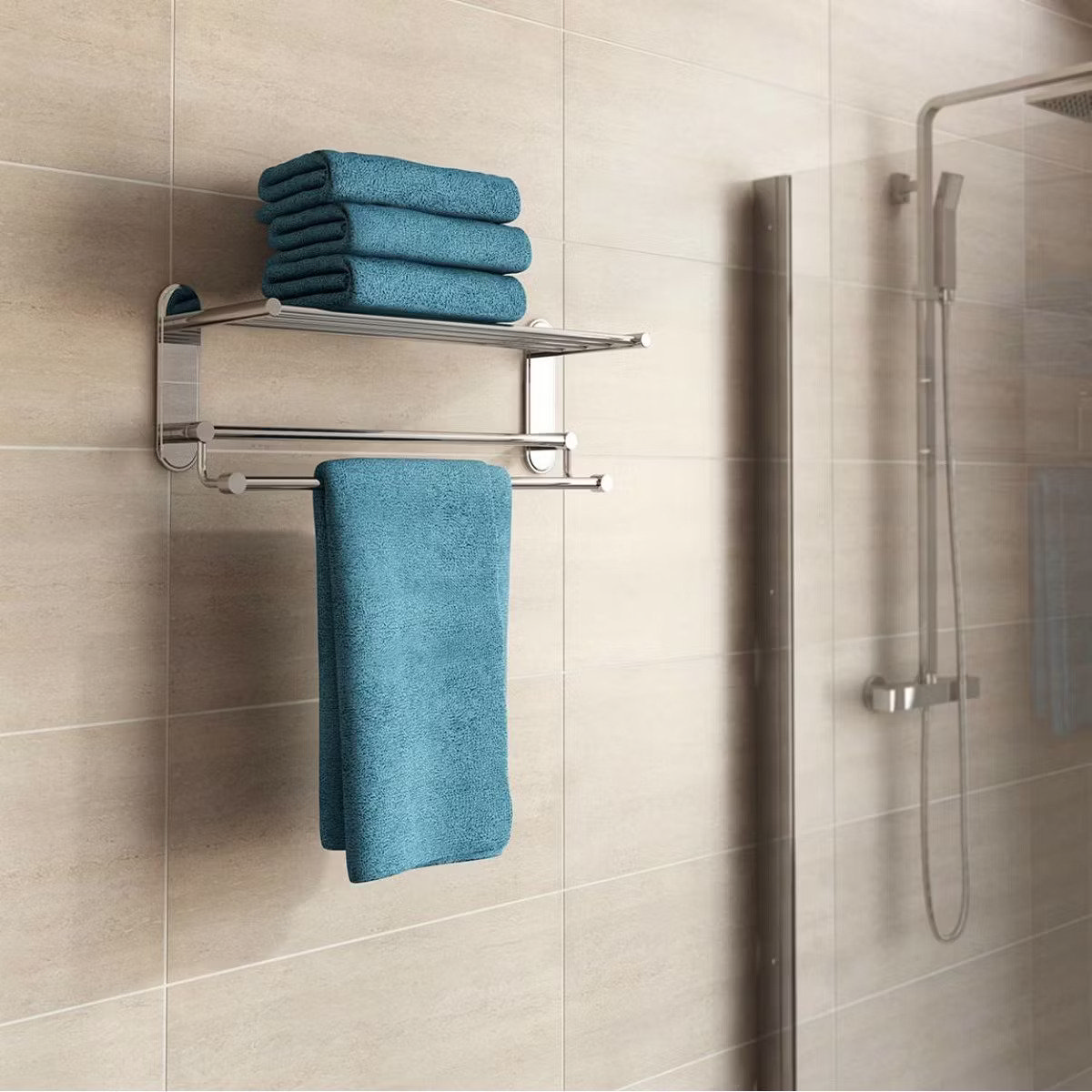 blue towels in grey bathroom