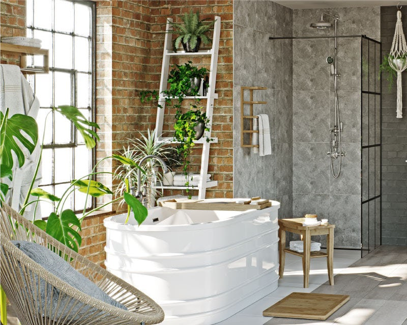 tropical bathroom with plants and rustic décor