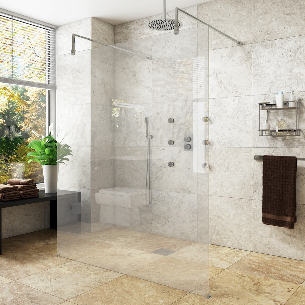 Montreal 700mm Wet Room Screen and 2 Support Arms - MT070A - Image of wet room walk in shower with a stunning large shower screen panel and 2 shower screen support arms