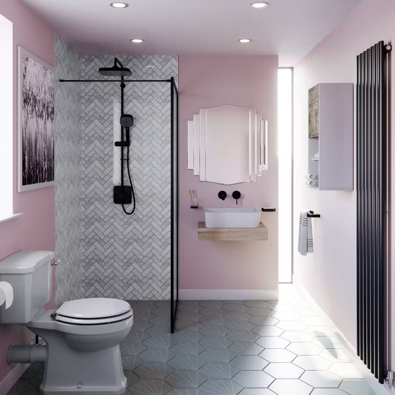 pink bathroom chevron tiles