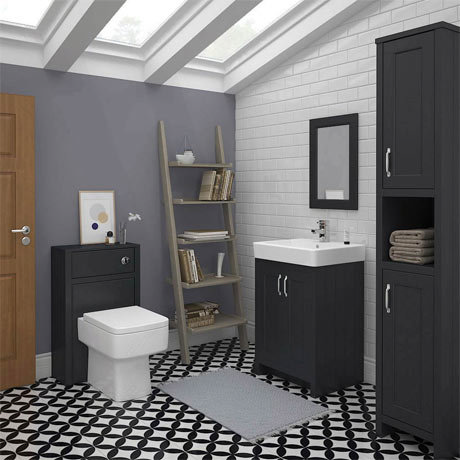 Graphite bathroom Suite in grey complete with toilet, basin, and tall cabinet