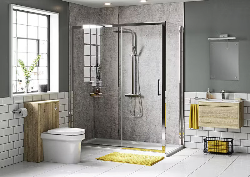 grey and yellow modern bathroom