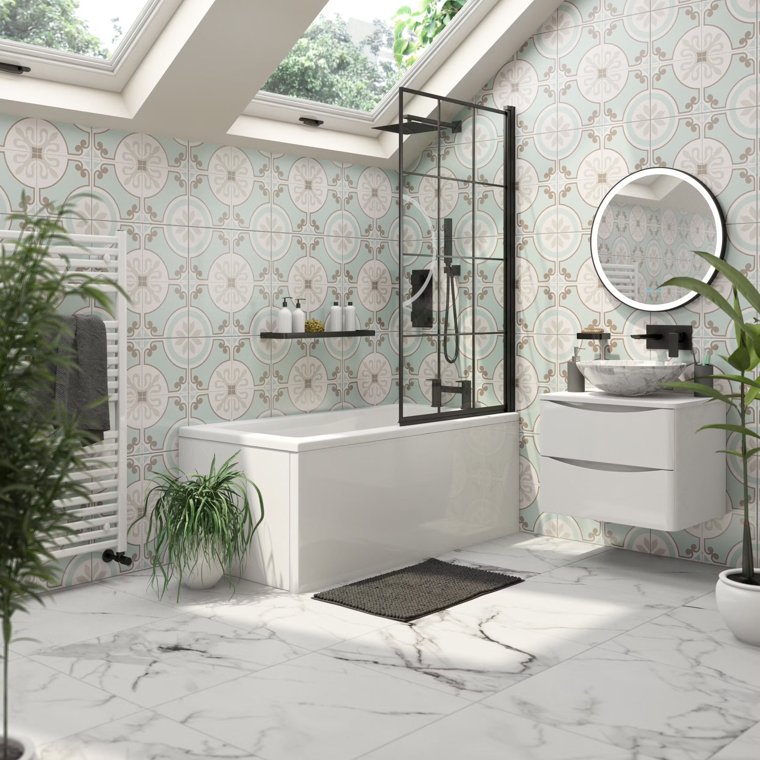 open grey patterned bathroom