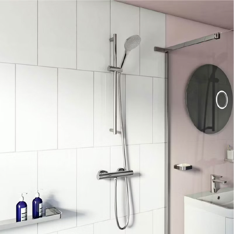 chrome mixer shower pink bathroom