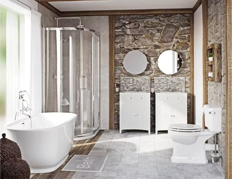 rustic bathroom with freestanding bath