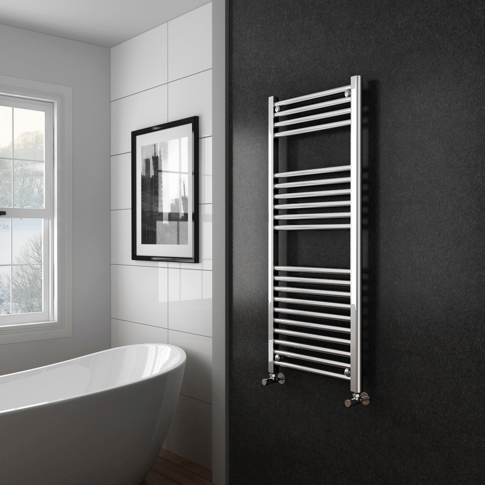 heated chrome towel rail black and white bathroom