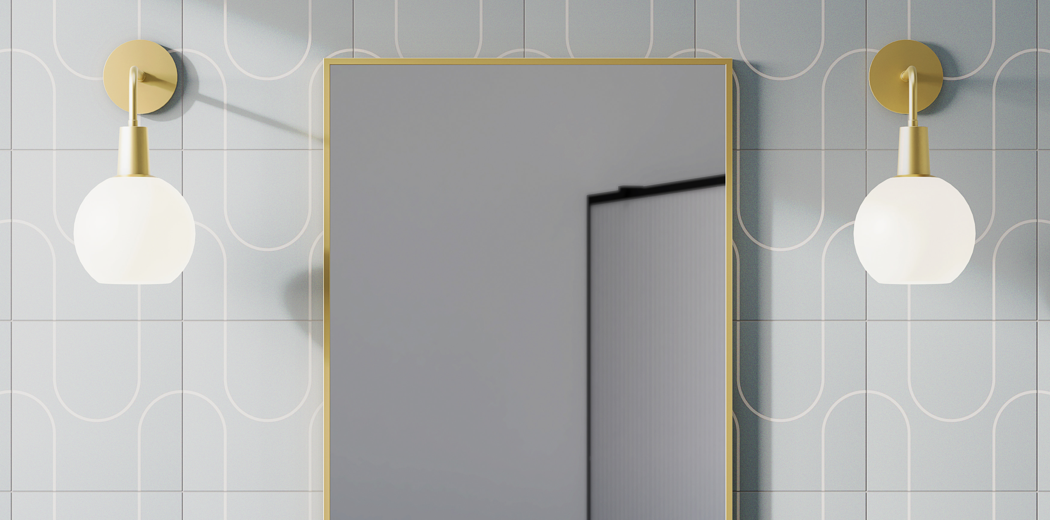 Modern bathroom with frosted globe wall lights and gold accents