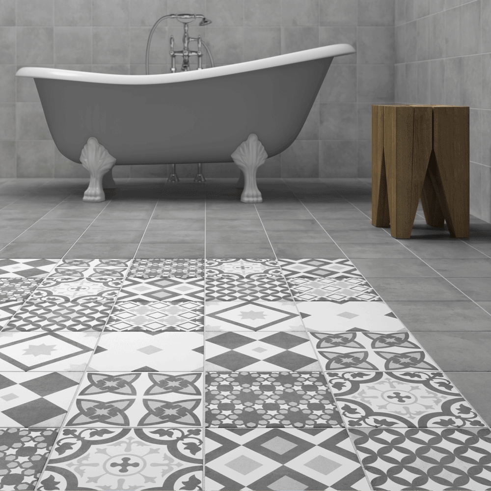 Grey Patterned Floor Tiles and grey roll top bath