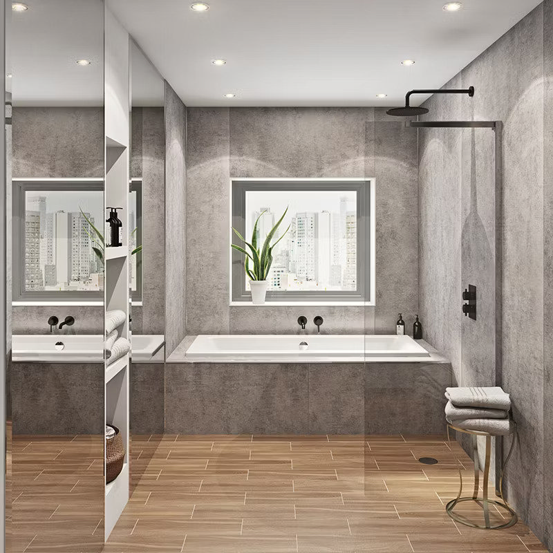 grey modern bathroom with bath