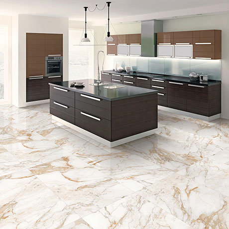 marble effect tiles in modern kitchen with dark wood design