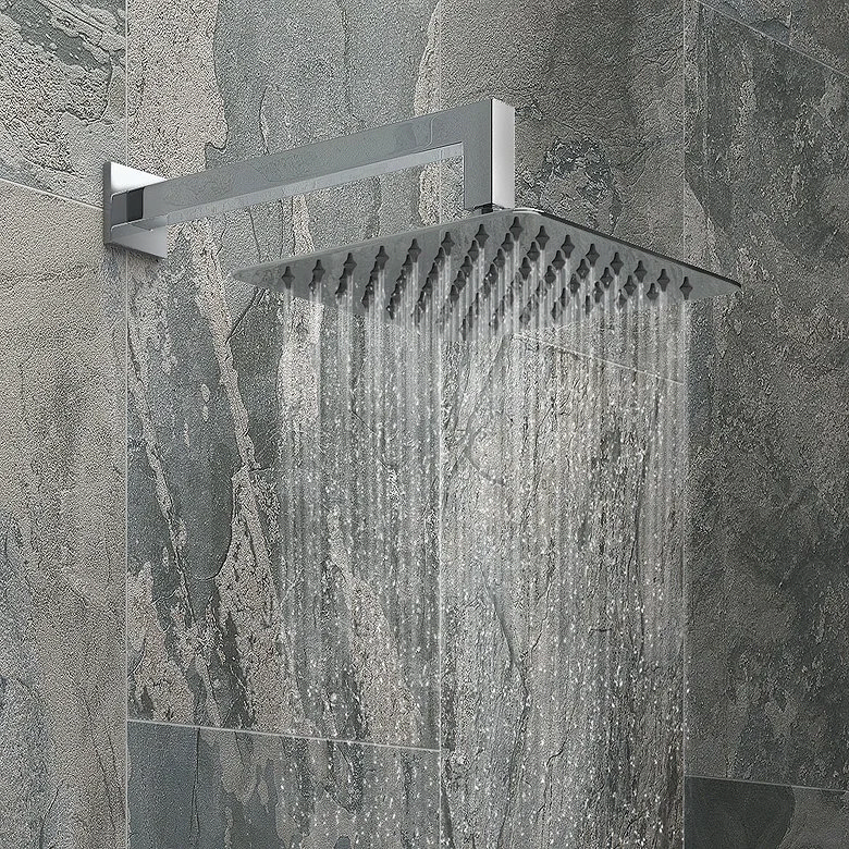 Square rainfall shower head with a wide water flow for a relaxing spa-like shower experience