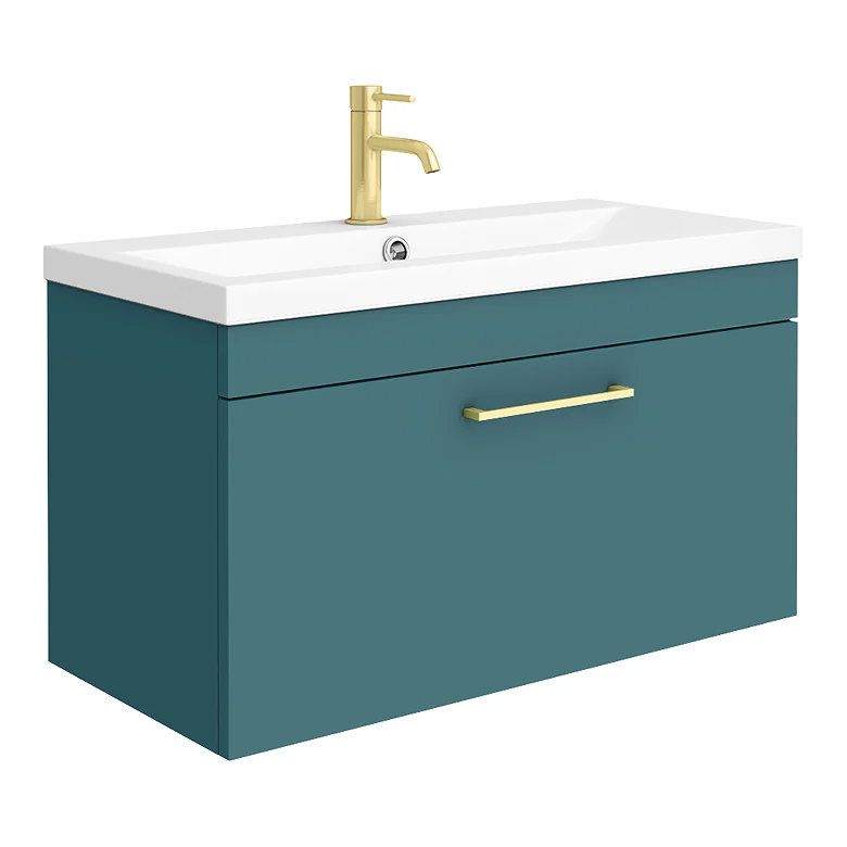 Teal wall-hung vanity unit with white basin, brushed brass tap and matching handle
