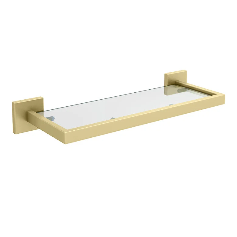 Brushed brass wall-mounted glass bathroom shelf for keeping spa toiletries and essentials within easy reach
