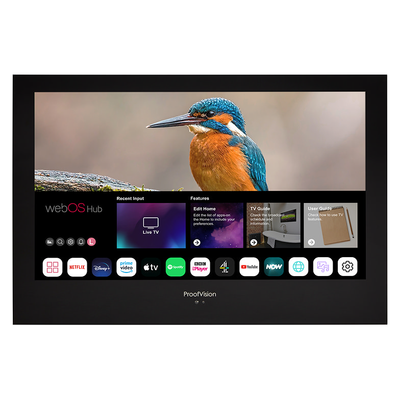 Waterproof bathroom TV with smart streaming apps displayed on screen for relaxing entertainment while bathing