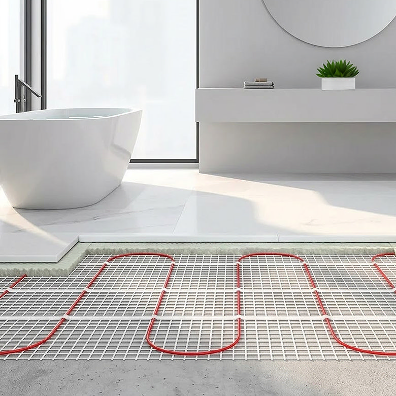 Electric underfloor heating mat installed beneath bathroom floor tiles for warm, comfortable flooring