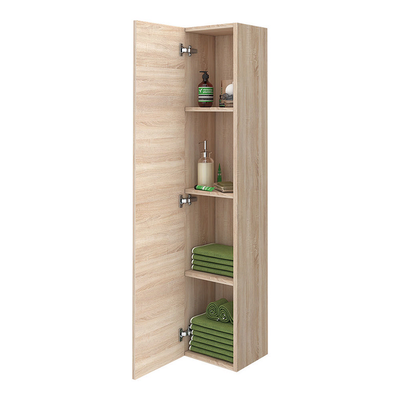 Tall light wood bathroom storage cabinet with open shelves holding folded towels and toiletries