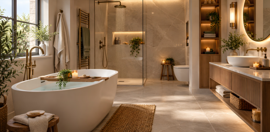 Spa-inspired bathroom with a freestanding bath, rainfall shower, warm lighting, natural wood and greenery