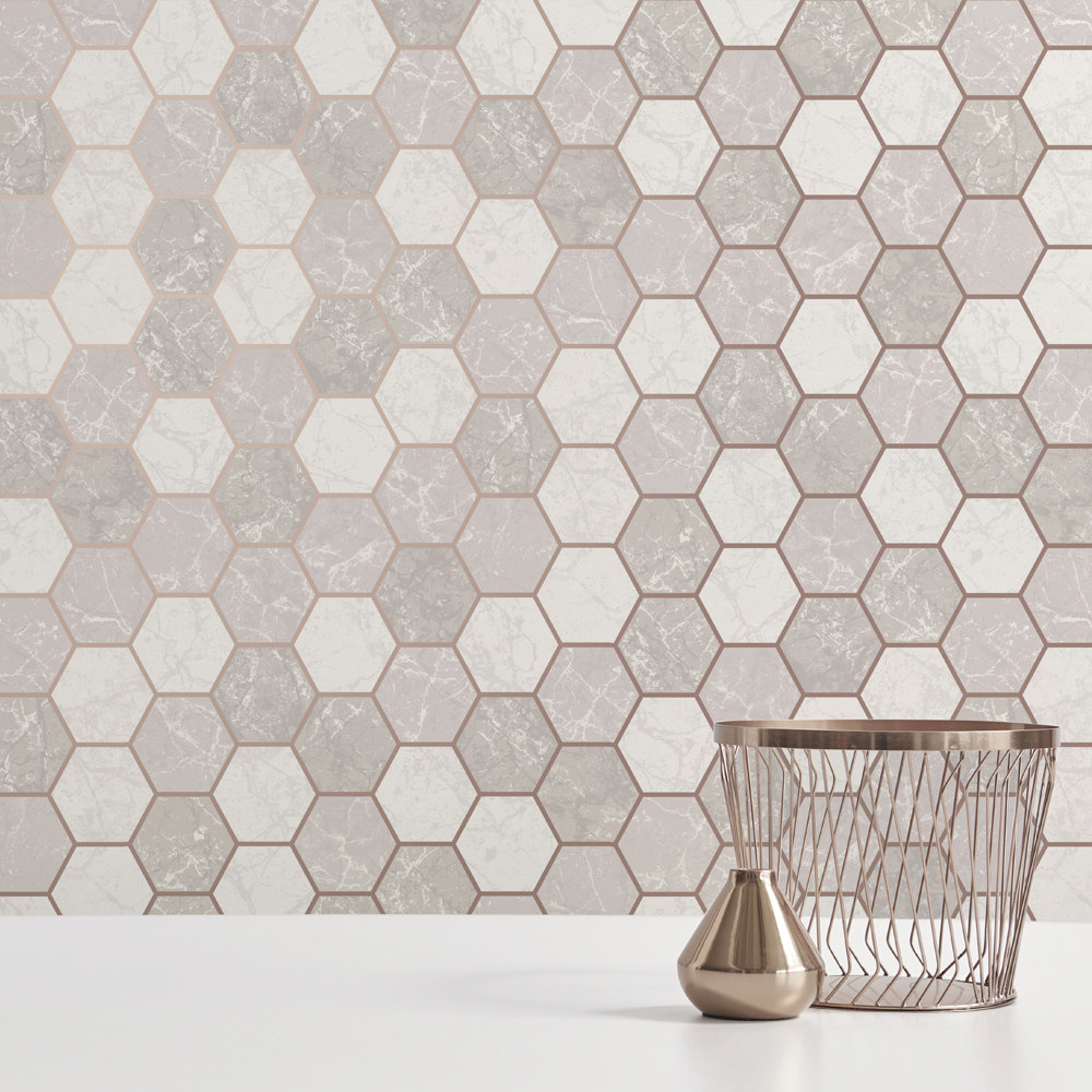 Fine Decor Metro Hex Multi Rose Gold Wallpaper