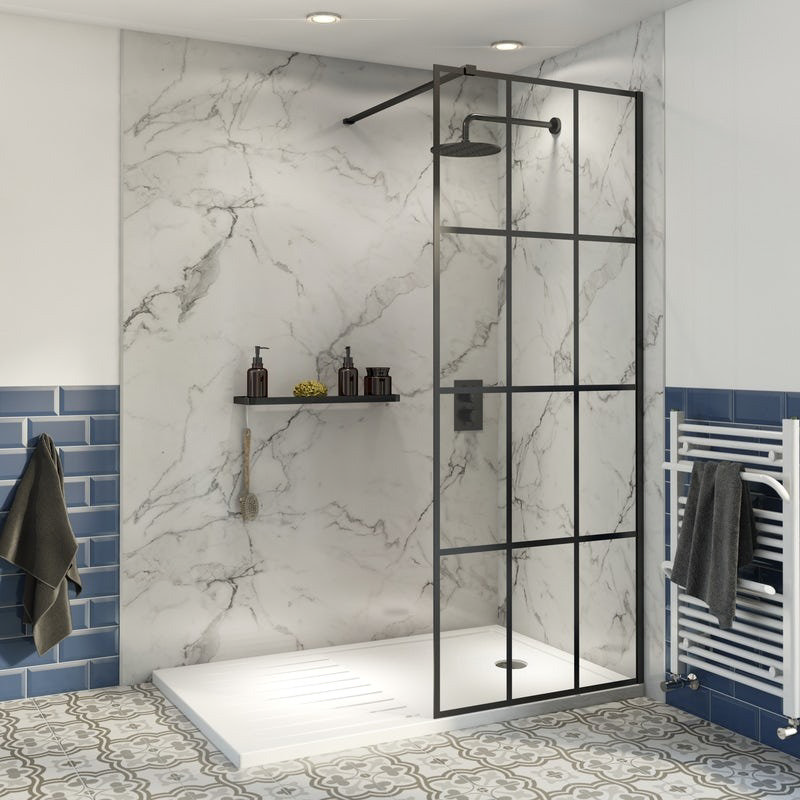 Black framed panel with stone shower tray