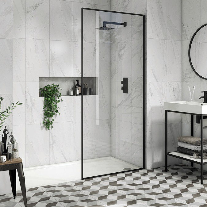 Arezzo 900 x 1950 Square Matt Black Framed 8mm Wetroom Screen