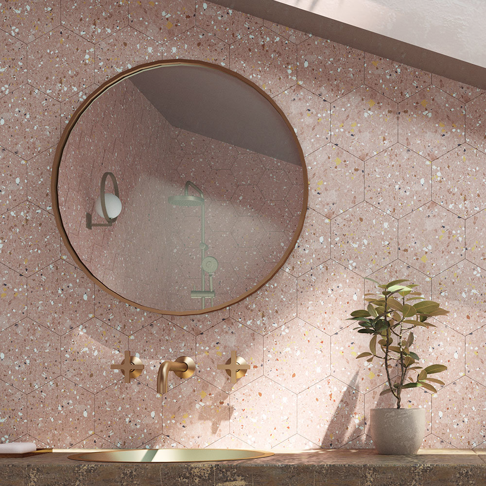 Pella Pink Terrazzo Effect Hexagon Wall & Floor Tiles