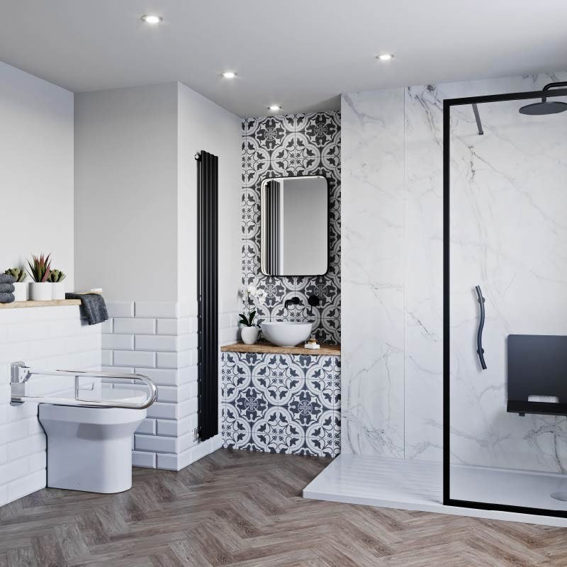 Black and white accessible bathroom