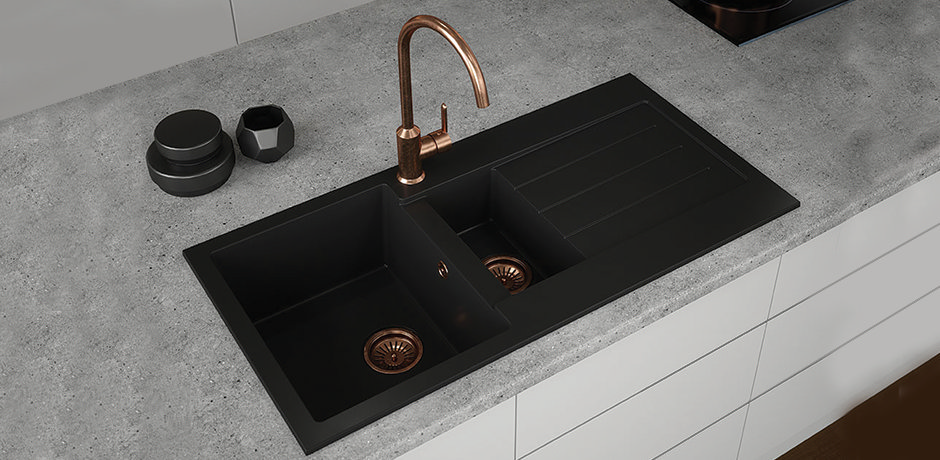 two black kitchen sinks 