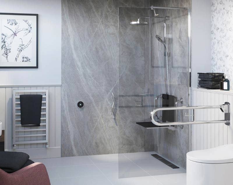 Walk in shower enclosure with grab rails