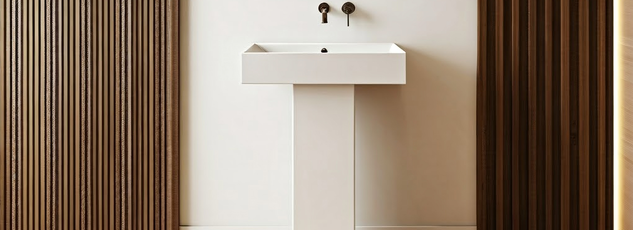 Minimalist white freestanding pedestal basin with a rectangular design, set against a modern wood-panelled and neutral-toned bathroom wall with wall-mounted taps.