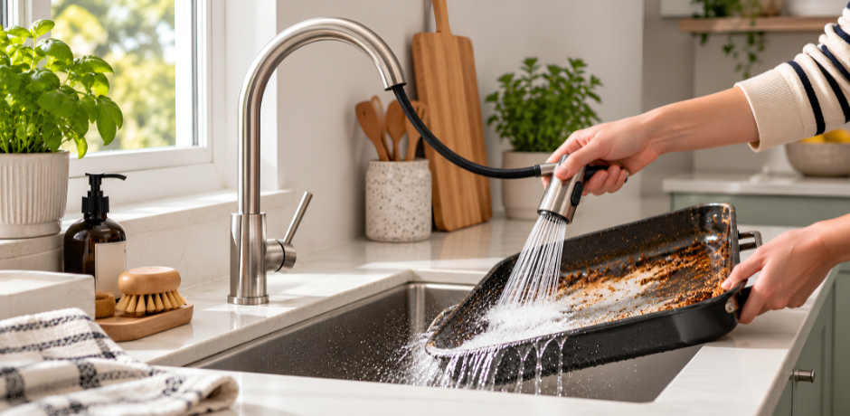 Pull-out kitchen tap being used to rinse a large roasting tray in a kitchen sink