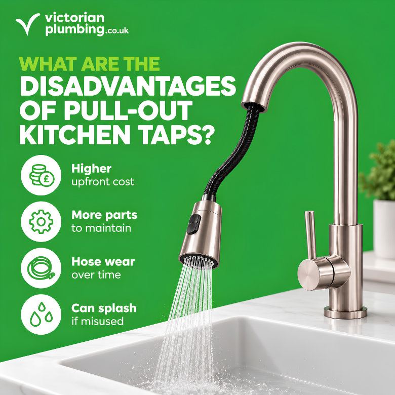 Infographic showing the disadvantages of pull-out kitchen taps, including higher cost, maintenance, hose wear and splashing