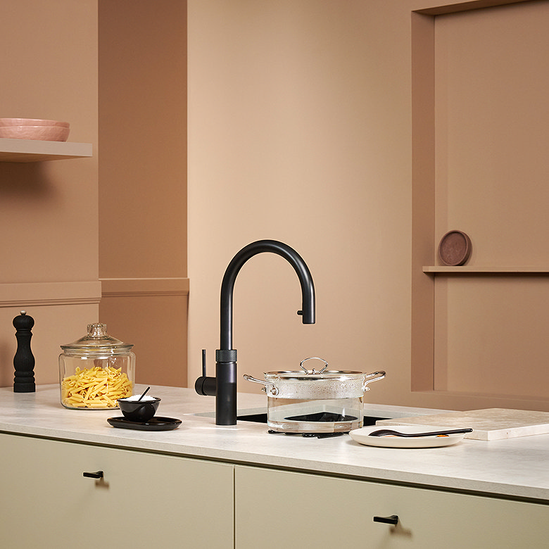 matt black quooker flex tap, white countertop