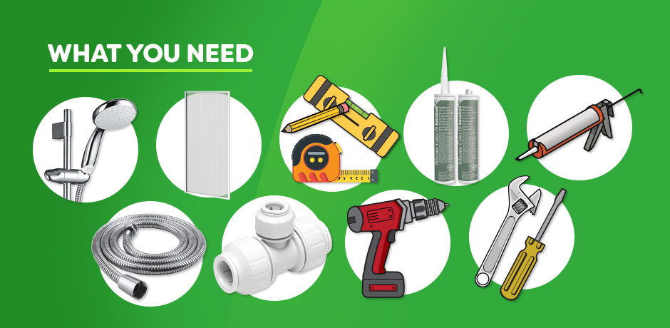 Tools and materials needed to install a shower over a bath, including shower kit, screen, sealant, drill and plumbing fittings